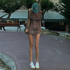 Aiertu  -  Fashion Leopard Print Long Sleeve Mini Dress Party Club Autumn Two Piece Sets Outfits Mesh Sheer Dresses Vestido Aiertu