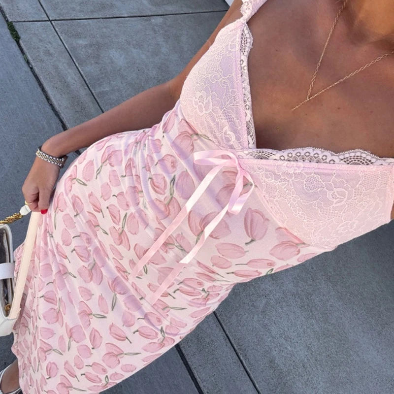 Aiertu  -  Sweet Sexy V Neck Floral Print Long Dress Female Casual Streetwear Backless Dresses Lace Patchwork High Waist Summer Party Dress Aiertu