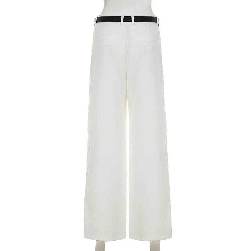 Aiertu  -  Casual White Loose Suit Pants with Belt Women Summer Street Style Baggy Straight Trouser Korean Fashion All-match Capris Aiertu