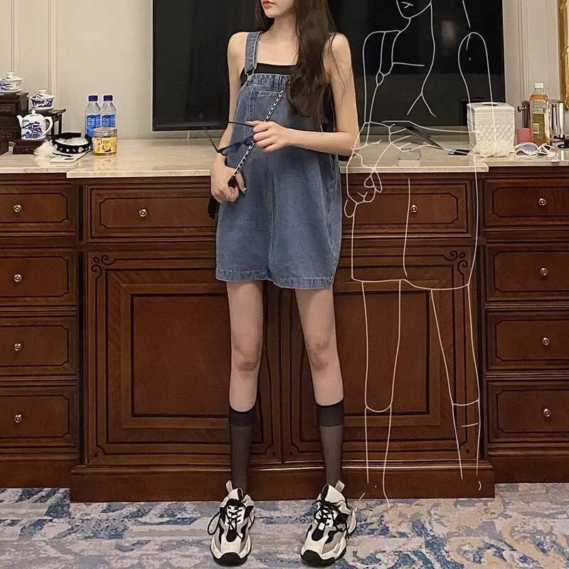 Aiertu Korean 2000s Fashion Denim Dresses for Large Women Plus Size Summer Casual Teen Strap Retro Jeans Loose Overall Dress Women Aiertu