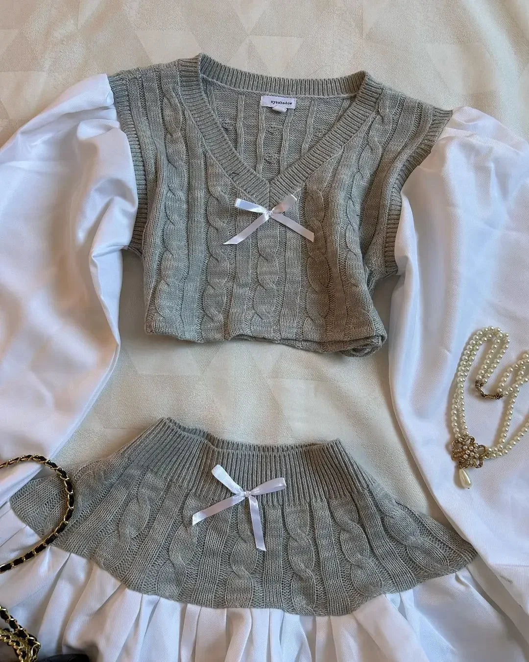 Aiertu  -  American Sweater Skirt Suit Two Piece Harajuku Women Fashionable V Neck Vest Striped Knitted Stitching Sexy Mini Skirt Short Top Aiertu