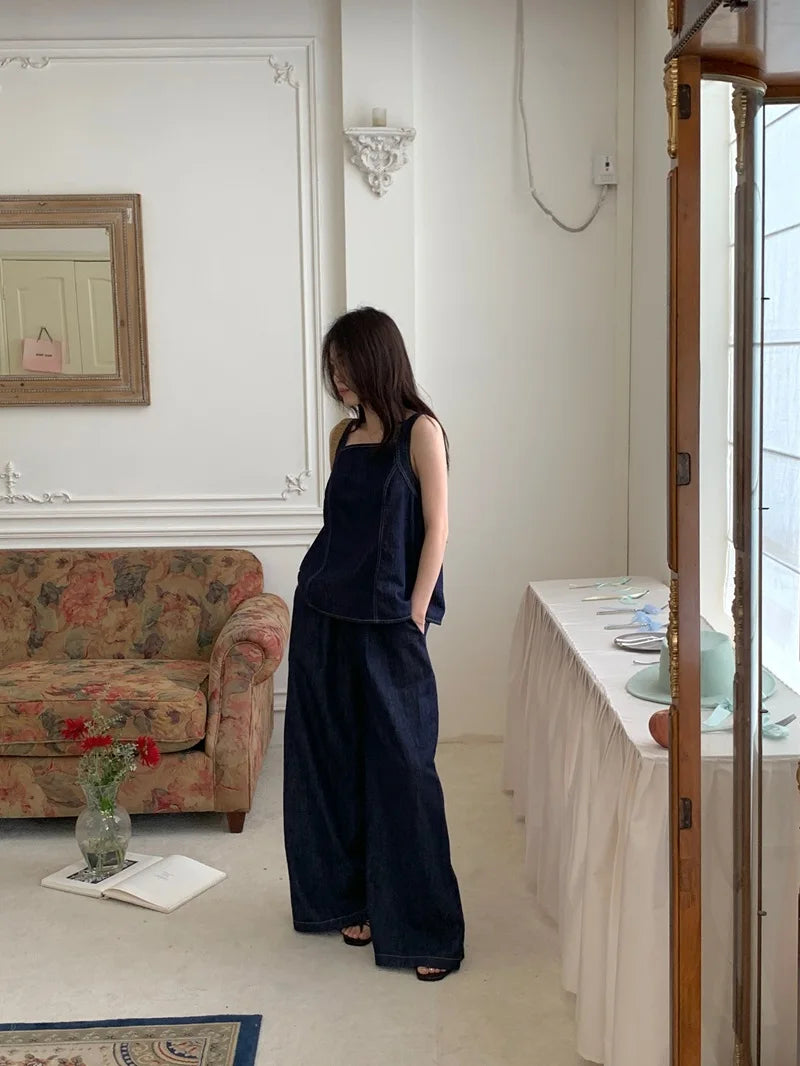 Aiertu  -  Sweet Hot Girl Denim Suit Women's Summer Bow Back Sleeveless Shirt Elastic Waist Wide Leg Pants Two-piece Set Female Clothes Aiertu