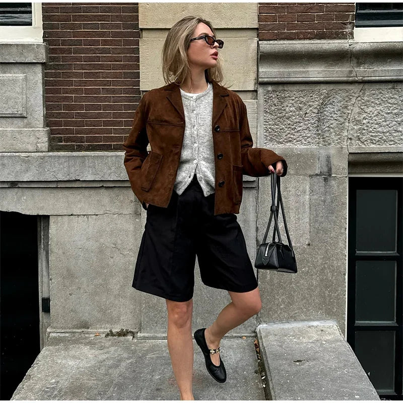 Aiertu  -  Vintage Suede Short Jackets Women Casual Lapel Single-breasted Long Sleeve Coat 2026 Autumn New Female Chic Brown Tops Outwear Aiertu
