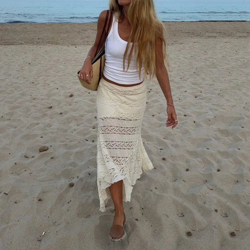 Aiertu  -  Jacquard Lace White Maxi Skirts for Woman Boho Beach Irregular Long Skirt Summer Clothes Resort Wear 2025 P77-CI26 Aiertu