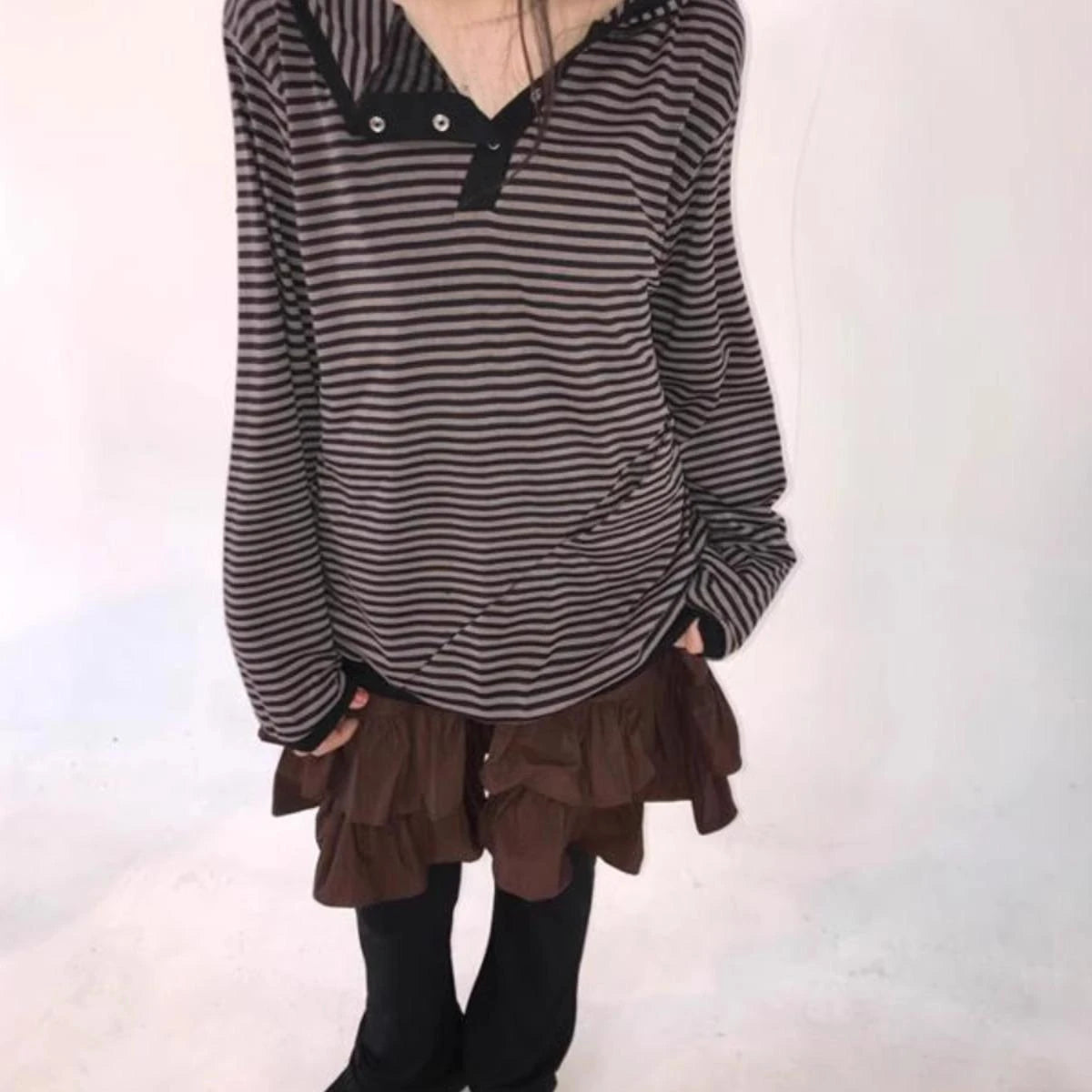 Aiertu  -  Korean Y2k Aesthetics Vintage Stripe Single Breasted Tshirts Women Harajuku Hooded T-shirt Streetwear Grunge Casual Loose Tees Aiertu