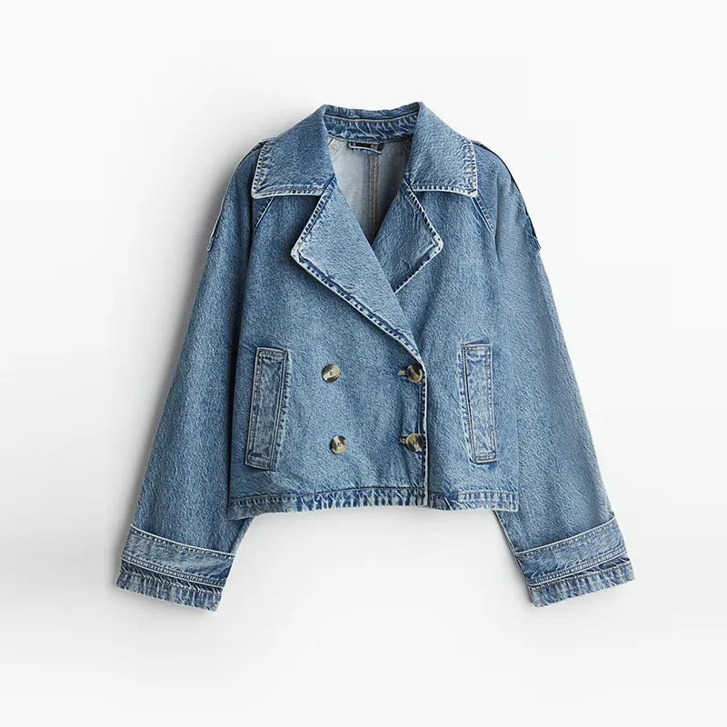 Aiertu  -  Fashion Denim Lapel Short Jacket For Women Chic Double Breasted Cropped Jackets Female 2025 Spring New Long Sleeve Street Tops Aiertu