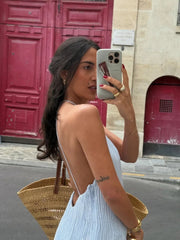 Aiertu  -  Women Feminine Blue Sling Dress Floor-length Loose Backless Deep V Spaghetti Strap Halter Robe Chic Vacation Leisure Street Gown Aiertu