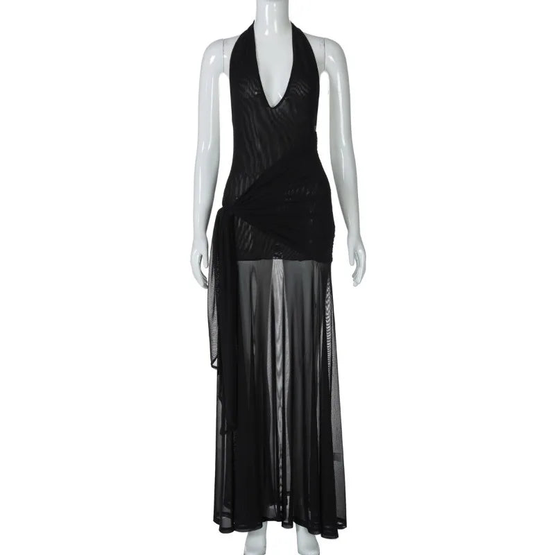 Aiertu  -  Women Sexy See Through Mesh Backless Halter Maxi Dress Deep V-neck Sleeveless Lace Up Ribbon Ruched Bodycon Club Party Long Robe Aiertu