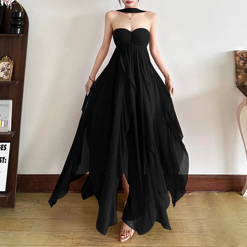 Aiertu  -  Chiffon Red Party Dresses Sexy Elagant Irregular Ruffle Sleeveless Backless Long Dresses for Women P94-FI59 Aiertu