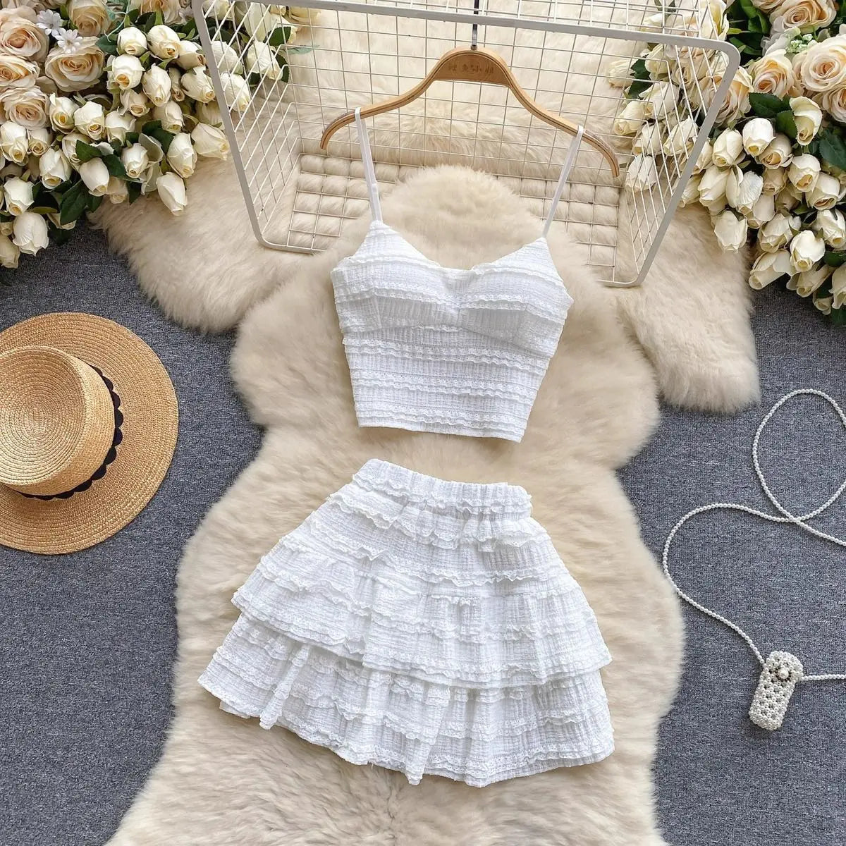 Aiertu  -  Suit V Neck Strap Crop Tops+Short Pleated Skirt Sweet Ruched Women Korean Style Chic Summer Beachwear Two Pieces Sets Suits Aiertu