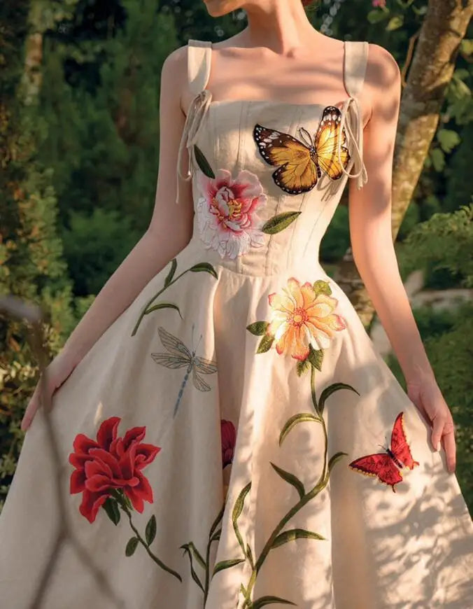 Aiertu  -   party look snspos New Fashion Butterfly Flower Print Vintage Runway Dress For Women Sexy Spaghetti Strap Slim Waist Dresses Vestidos Aiertu