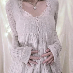 Aiertu  -  Elegant Vintage Y2k Knitted Sweater Women Sweet Long Sleeve Babydoll Pullovers 2000s Aesthetic Grunge Solid Sweaters Aiertu