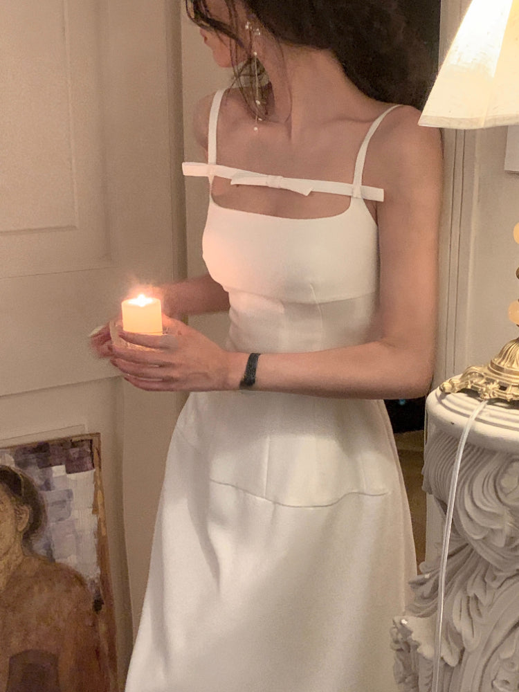 Aiertu  French Elegant Black Midi Dress Women Casual Evening Party Strap Dress Female Pure Color White One Piece Dress Korea Summer Aiertu