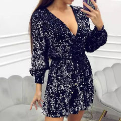 Aiertu  -  Sexy Deep V-neck Long Sleeve Mini Dress Women Fashion Shiny Sequins Lace-up A-Line Dress Fashion Hight Waist Club Party Dresses Aiertu