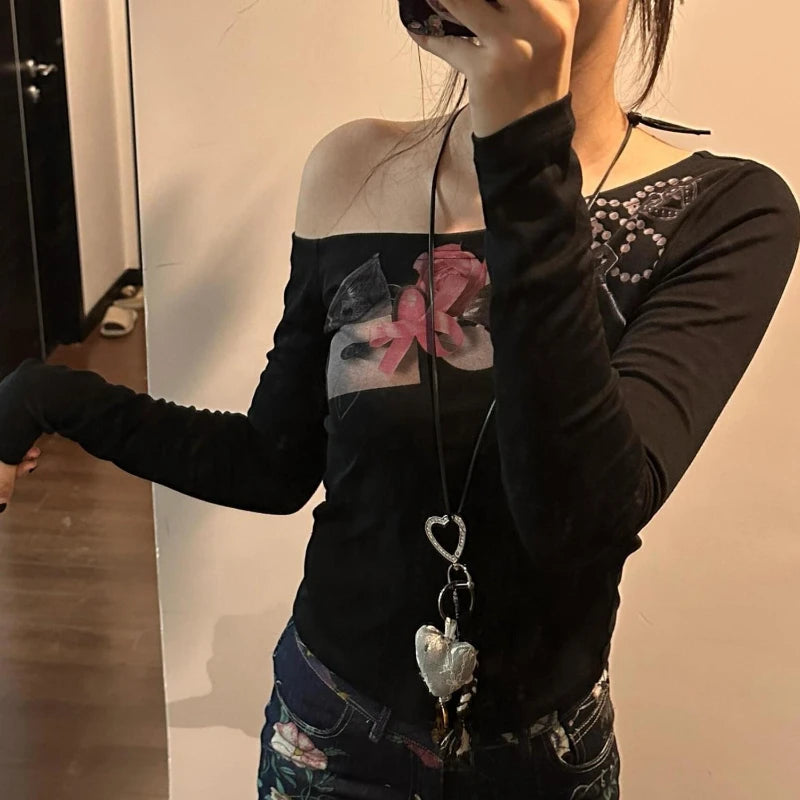 Aiertu  -  Y2k Aesthetic Printing Women Casual T-shirt Vintage Skew Collar Off Shoulder Streetwear Tshirts Harajuku Slim Fit Grunge Tees Aiertu