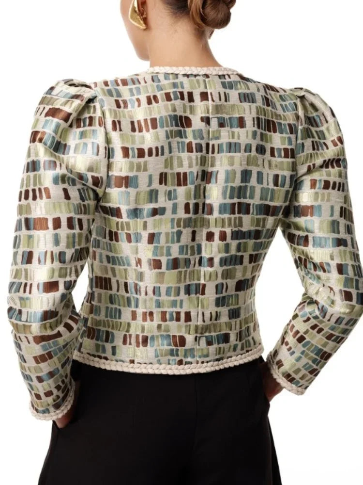 Aiertu  -  Women's Vintage Plaid Clashing Printed Twisted Quilted Jacket Elegant Round Neck Long Sleeve Pocket Top Lady Chic Commuter Wear Aiertu