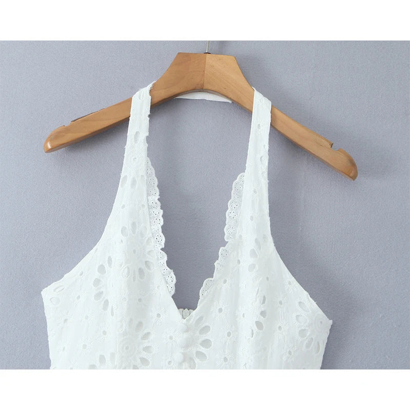 Aiertu  -  Fashion Hollow Out Embroidery White Halter Dress For Women Sexy Backless Low Waist  A-line Mini Summer Dresses French Style Robe Aiertu