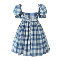 Aiertu  -  Women Bow Plaid  Ball Gown Mini Dress Vintage Puff Sleeve Square Neck Elegant Summer Dresses Party Robe Aiertu