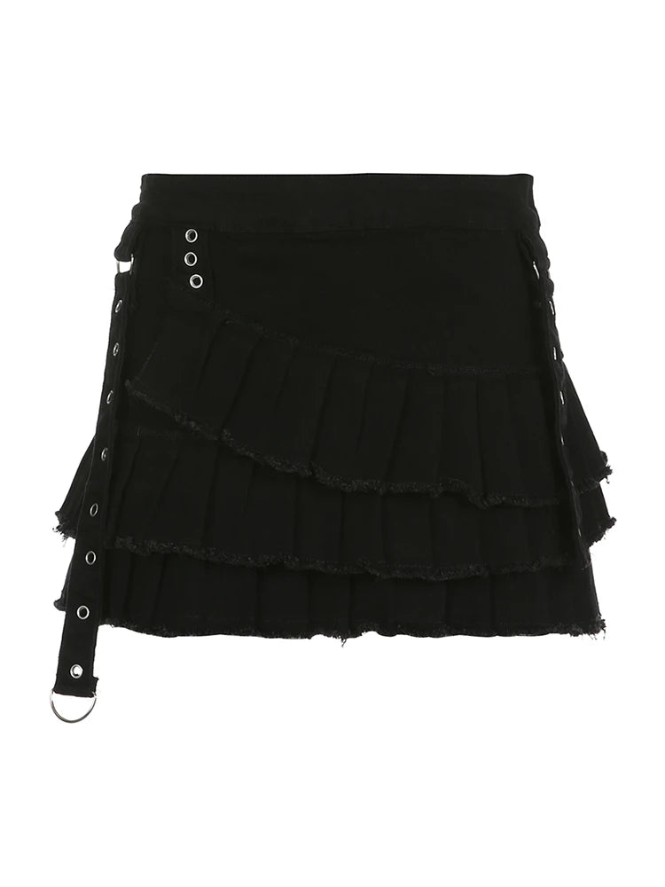 Aiertu Punk Gothic Black Eyelet Ribbon Denim Skirt Women Low Waist Asymmetrical Tiered Pleated Short Jean Skirts Y2K Aiertu