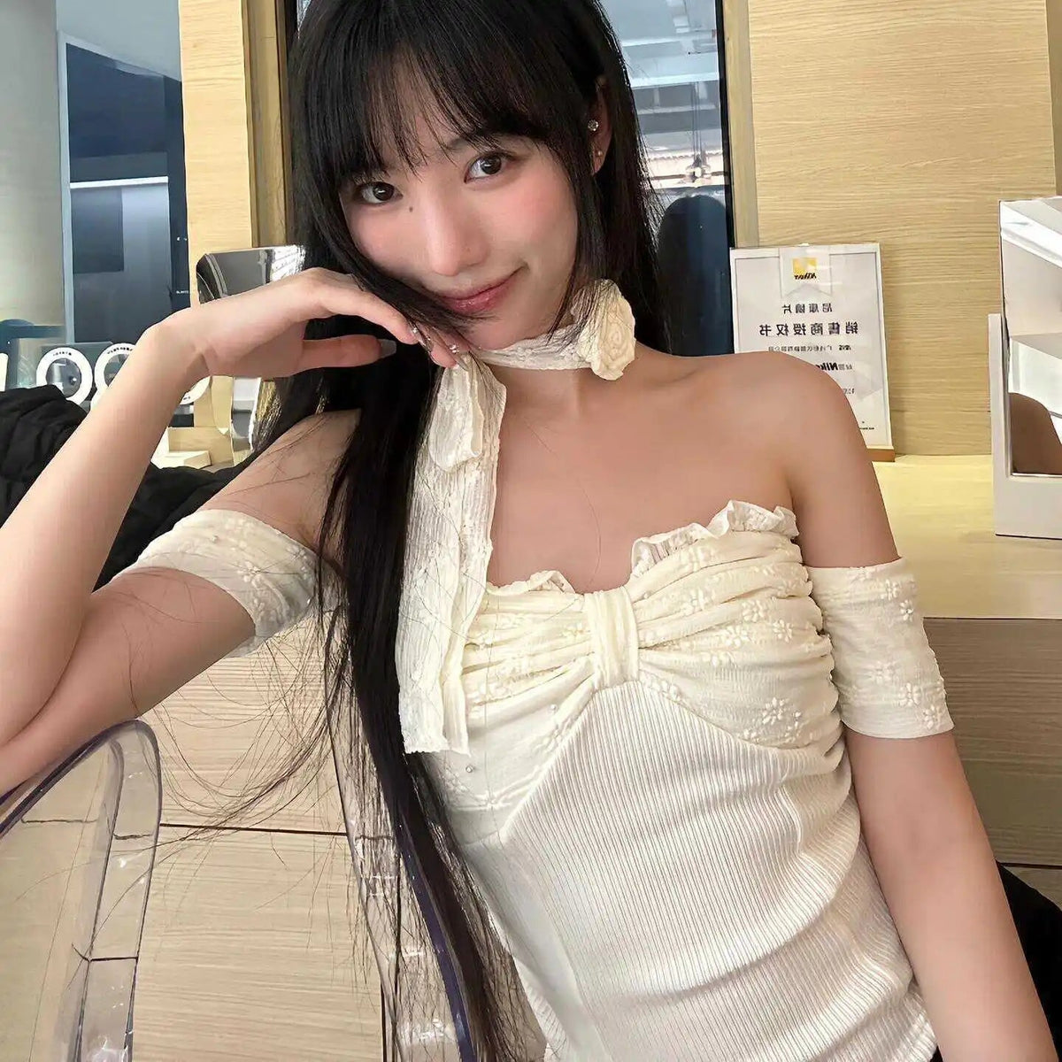 Aiertu  -  Sexy Modern Style Cross Draped Design Spliced Lace Shirts Korean Office Lady Slash Neck Elegant Tops Y2k with Scarf Streetwear Aiertu
