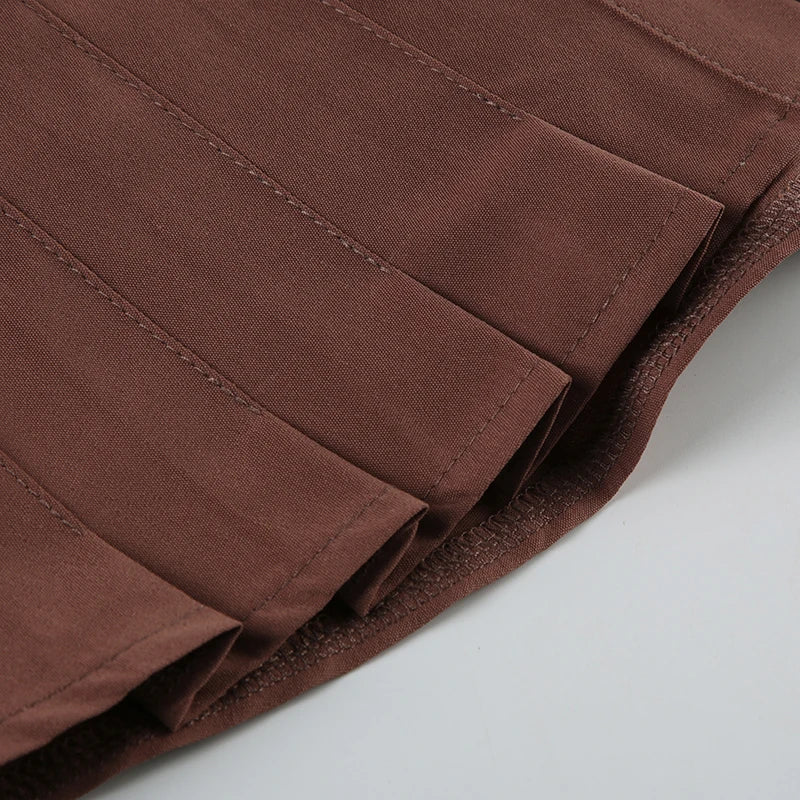 Aiertu  -  Fashion Chic Brown Summer Shirts Female Folds Slim-Waist Vintage Y2K Top Buttons Pleated Blouse Cropped Clothes Aiertu