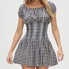 Aiertu  -  Vintage  Women Black White Plaid Dresses Short Sleeve O Neck Slim Waist A-line Mini Casual Summer Dress Aiertu