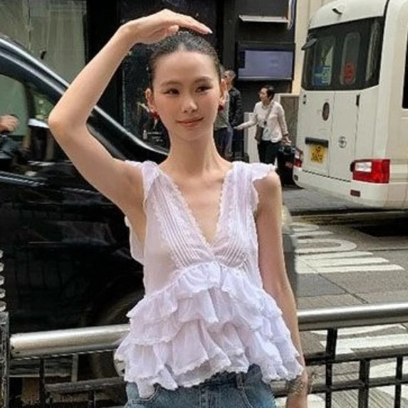 Aiertu  -  Y2k Aesthetic Sweet Fairy Tank Top Harajuku Lace Patchwork Ruffled Camisole 2026 Summer Grunge Backless Bandage Cropped Tanks Aiertu