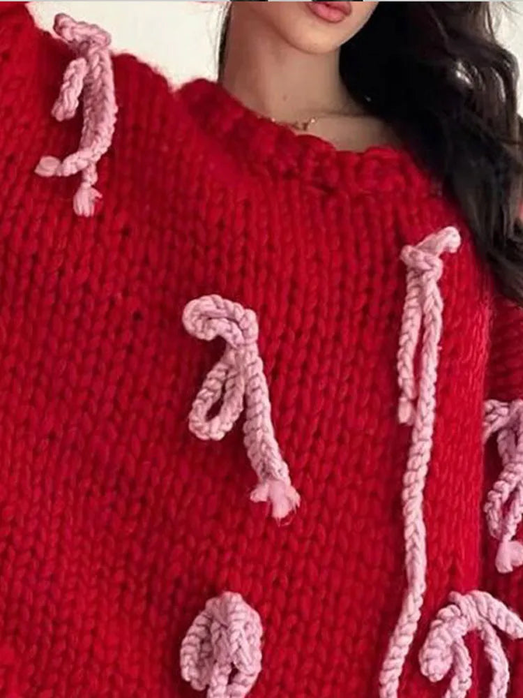 Aiertu  -  Bow Knitted Women Sweater Long Sleeve O Neck Lady Top 2026 Autumn New Sweetie Fashion Elegant Contrast Loose Female Pullover Aiertu