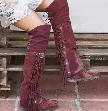 Aiertu    -  Fashion Bohemia Knee-length Women Boots Ethnic Personality High Boots Tassels Faux Suede Boots Girl Flat Bottom Long Botas Mujer Aiertu