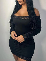 Aiertu - summer inspo Solid Slim Lace Trim Off Shoulder Long Sleeve Black Short Dress Women Elegant Sexy Party Dresses Aiertu