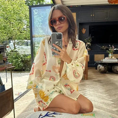 Aiertu  -  Women Fashion Elastic Waist Two Piece Sets Elegant Floral Print Lapel Long Sleeve Top Short Pants Suit Casual Holiday Outfits Aiertu