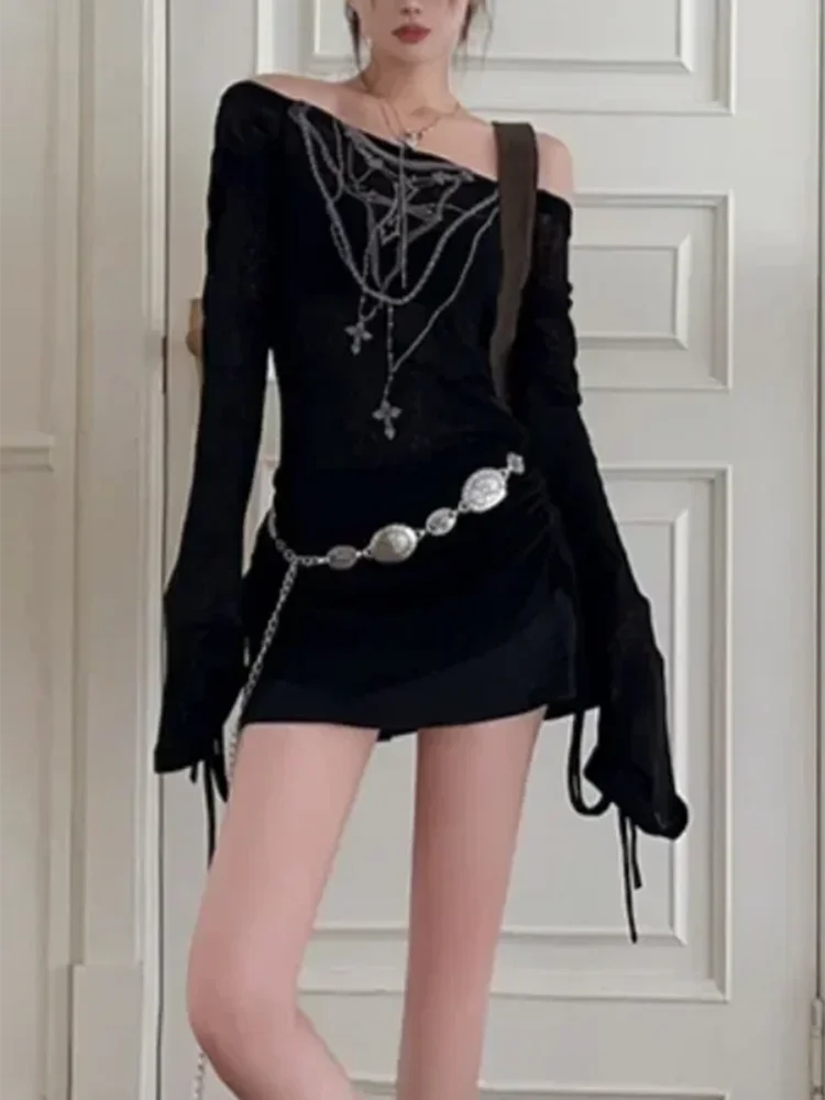 Aiertu  -  New Fashion Women Off Shoulder Black Long Sleeve T-Shirt Korean Retro Gothic Y2K High Printed Thin Knitted One Word Neck T-Shirt Aiertu