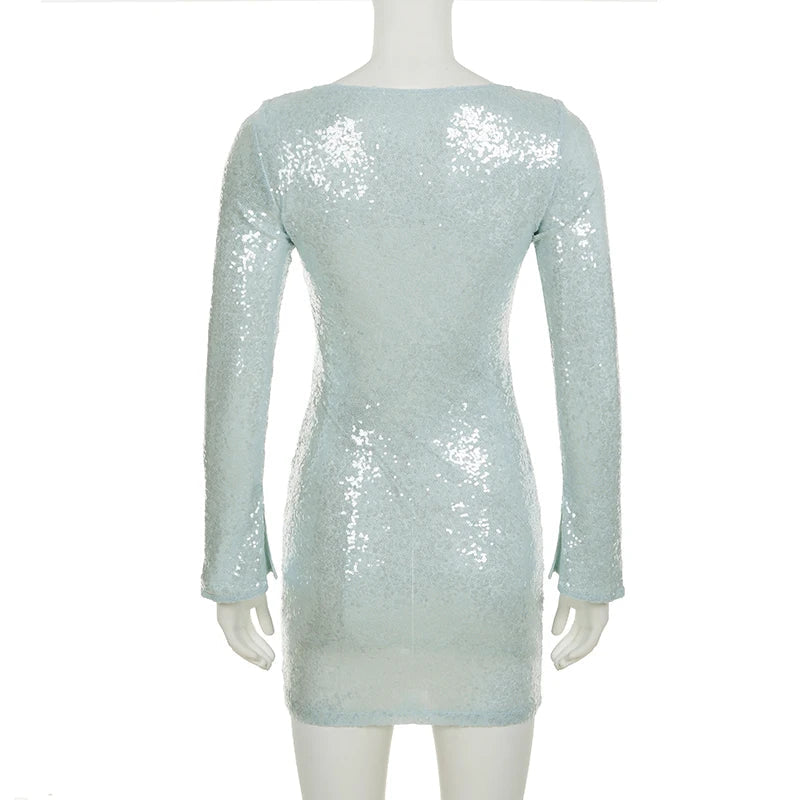 Aiertu  -  Clubwear Sexy Sparkle Glitter Sequined Bodycon Dress Party Dress Slim Solid Bandage Deep V-Neck Long Sleeve Mini Dresses Aiertu