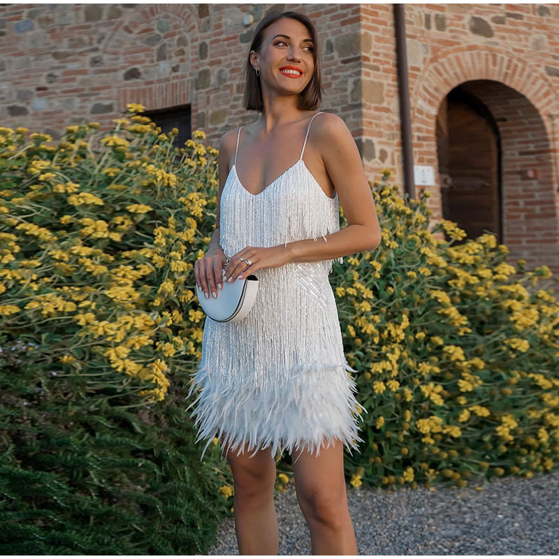 Aiertu Sequins Tassel Feather Spaghetti Strap Dress Women Fashion Sexy Stitching Mini Dresses Ladies Evening Party Club Elegant Dress Aiertu