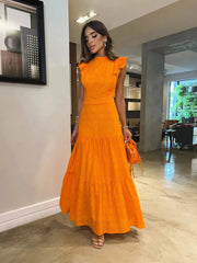 Aiertu  Bohemian Solid Hollow Out Elegant Women Dress O Neck Flying Sleeve Button Long Dress Summer Chic Casual Beach Women Clothing Aiertu