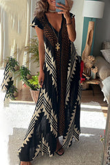Aiertu  -  Casual College Geometric Print Fold V Neck A Line Dresses Aiertu