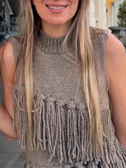 Aiertu  -  Tassels Knit Vests Women Casual Loose Half Neck Sleeveless Hollow Out Vest Female Fashion Solid Soft New Knitwears Lady Aiertu