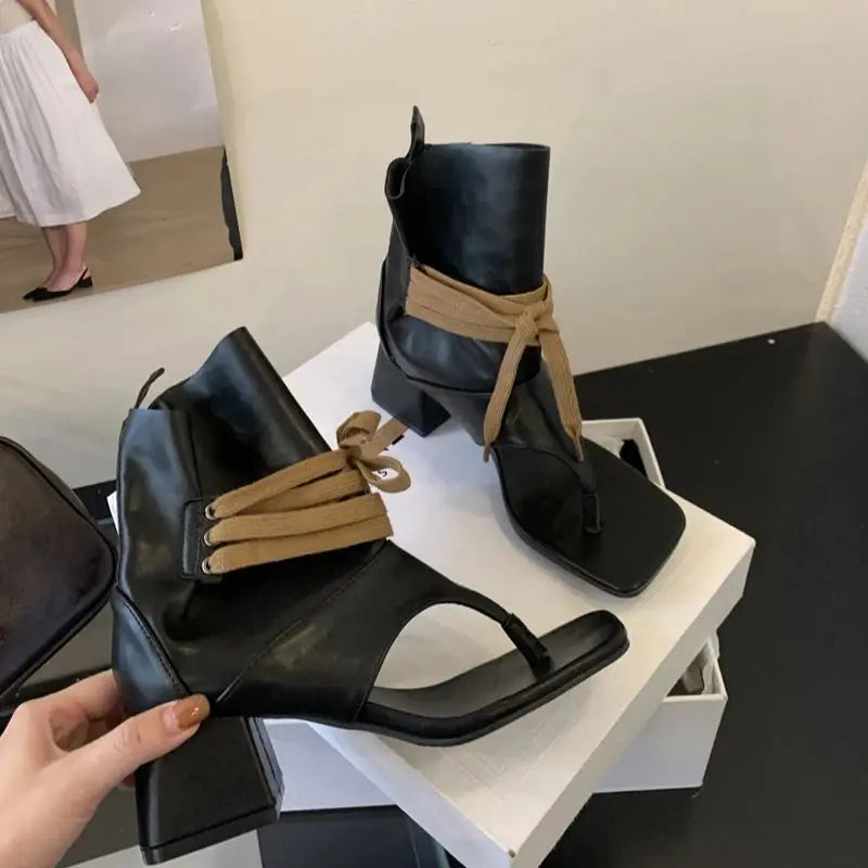 Aiertu    -  Woman Chunky Heels Summer Boots Fashion Thong High-toe Shoes Lace Up High Heels Ladies Sandals 2025 Trends Aiertu