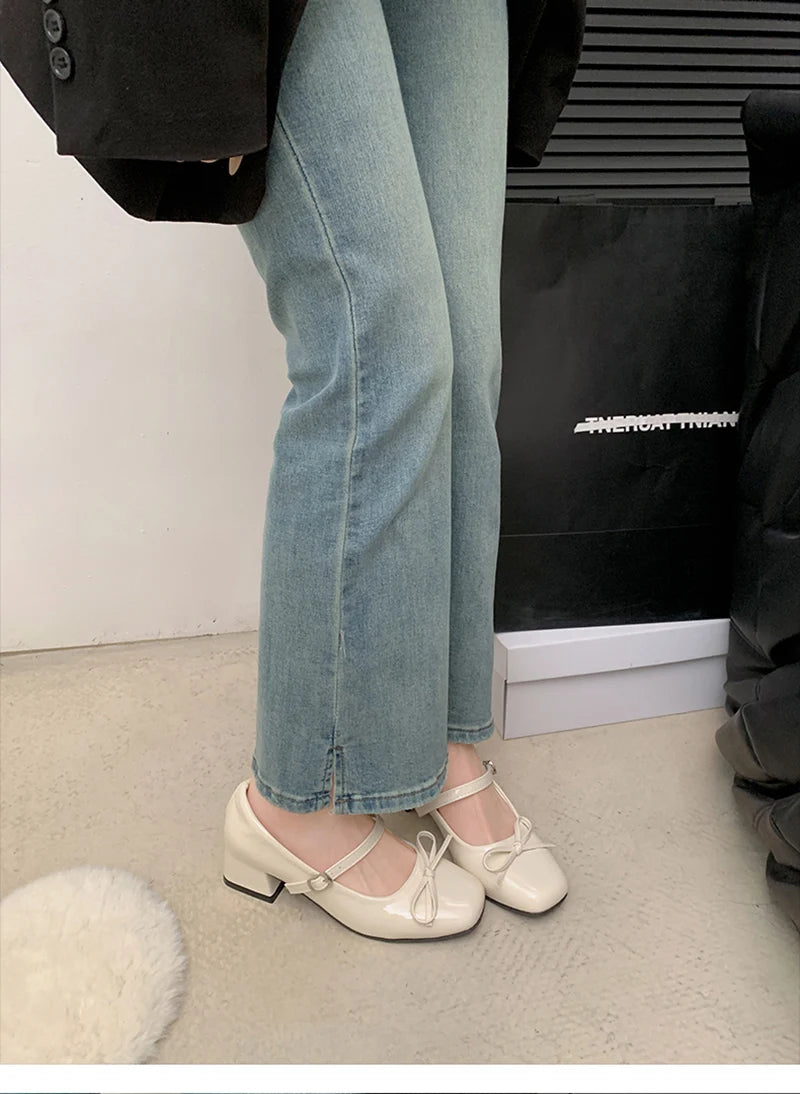 Aiertu  -  Patent Leather Women Mary Jane Shoes Fashion Shallow Butterfly-knot Shoes Spring Autumn Wedding Party Shoes Aiertu