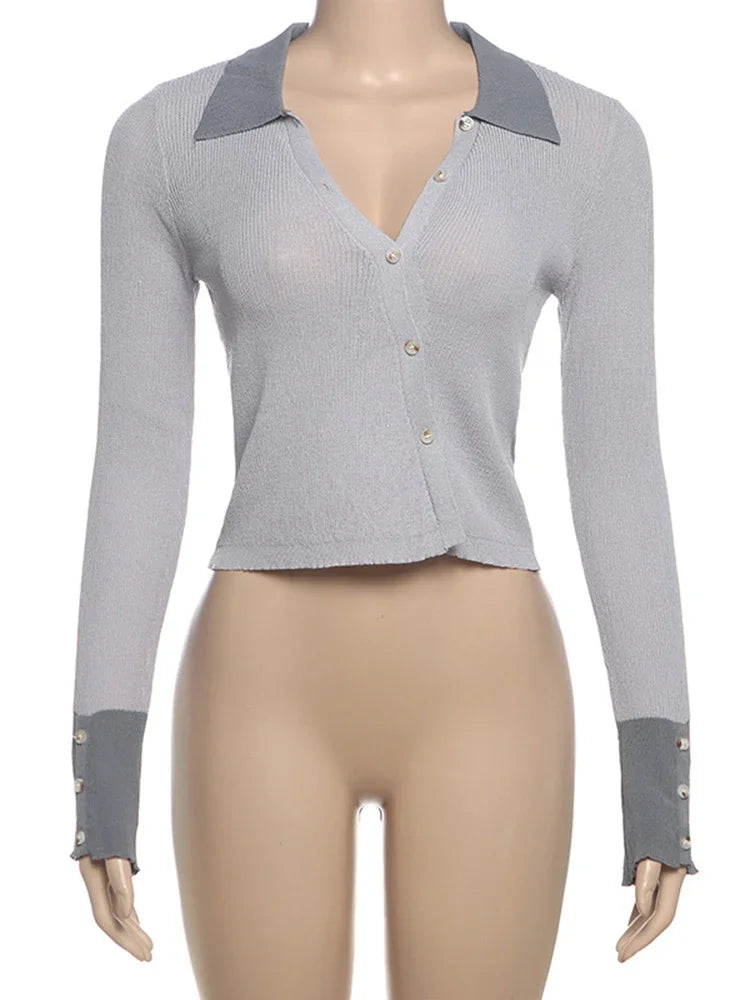 Aiertu  -  Hollow Button Knitted Cardigan Top Female Sexy See Through Lapel Contrast Slim Spring New Long Sleeve Women's Sweater Top Aiertu
