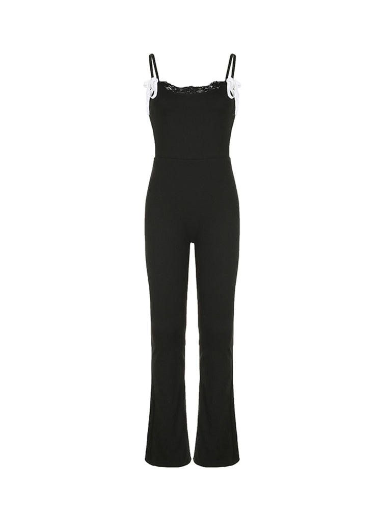 Aiertu - summer inspo Black Solid Sleeveless Skinny Sexy Flared Jumpsuits Women Lace Trim Tie Bow Cute Sweet Y2K Slip Rompers Aiertu