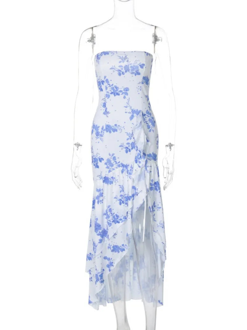 Aiertu  -  Blue Floral Print Strapless Summer Dresses for Women Sleeveless High Waist Backless Ruffles Irregular Split Evening Party Dress Aiertu