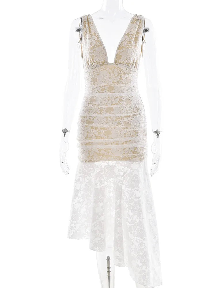 Aiertu  -  Elegant Lace Patchwork Dress For Women 2026 Sexy New V-neck Lace Long Dress Summer Sleeveless Backless Partywear Aiertu