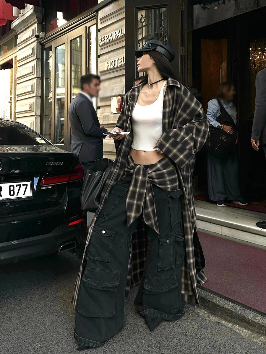 Aiertu  Tall Girl Checkered Oversize Coat Women Cotton Long Sleeves Casual Single-breasted Tartan Shirt Jacket Vintage Clothes Aiertu