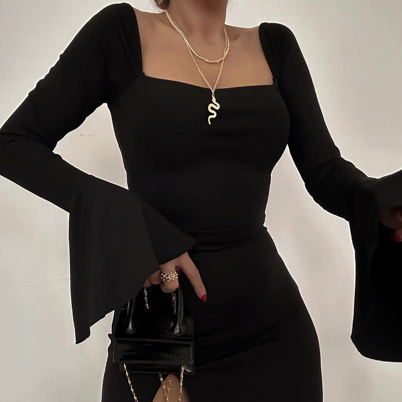 Aiertu - Solid Color Backless Flare Sleeve Mini Dress Aiertu