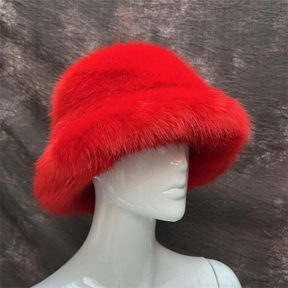 Aiertu  -  Autumn Winter Women Keep Warm Rainbow Faux Fox Fur Basin Cap Female Fashion Casual Party Bucket hat Music Festival Thickened Hat Aiertu