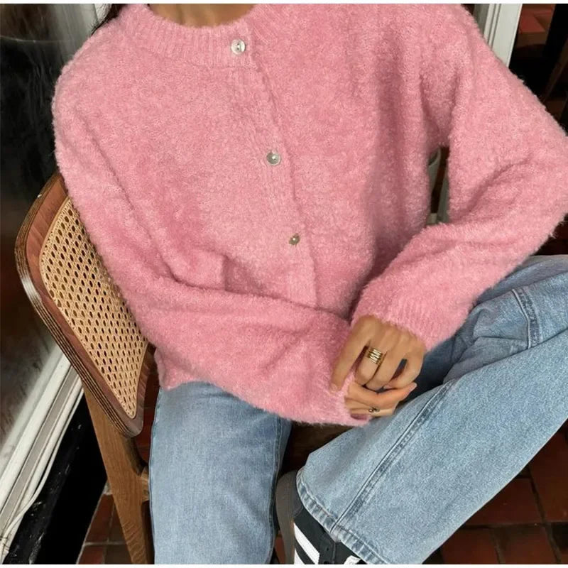 Aiertu  -  Casual Knit Single Breasted Cardigans Women O-neck Long Sleeve Fluffy Short Sweaters Cardigan 2026 Autumn New Lady Elegant Tops Aiertu