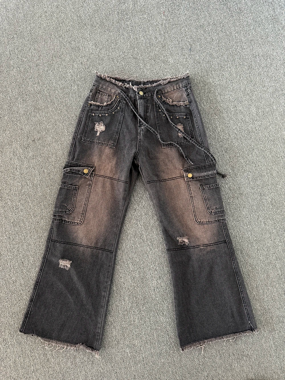 Aiertu  -  American Plus Size Vintage Washed Raw Edge Cargo Jeans Pocket Fashion High Street Straight Loose Fit Wide Leg Mop Long Pants Aiertu