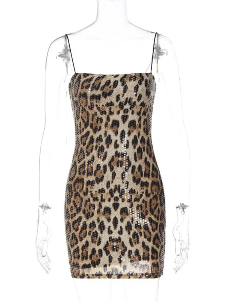 Aiertu  -  Fashion Sequins Leopard Print Mini Dress For Women Backless Sleeveless Bodycon Sling Dresses Lady Sexy Night Party Club Robes Aiertu