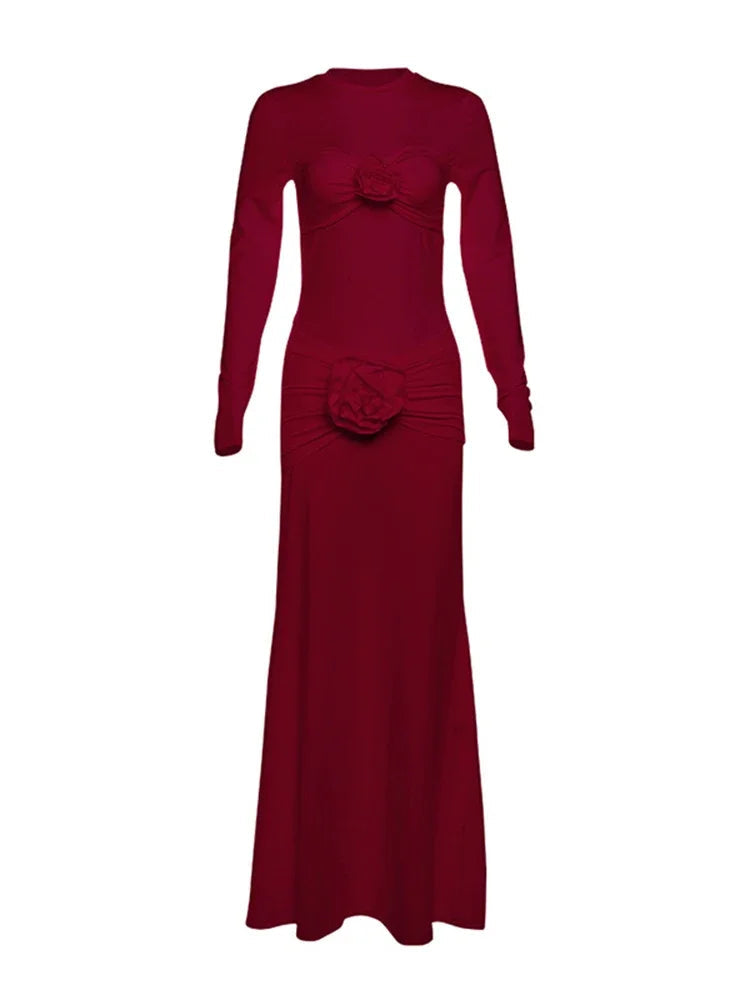Aiertu  -  Sexy Slim Ruched Flower Maxi Dress For Women  Long Sleeve Solid Party Streetwear Outfits Elegant High Elasticity Dresses Aiertu